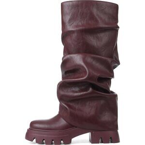 Women's Burgundy Fold Over Boots Slouchy Boots Wide Calf Pleated Platform Boots